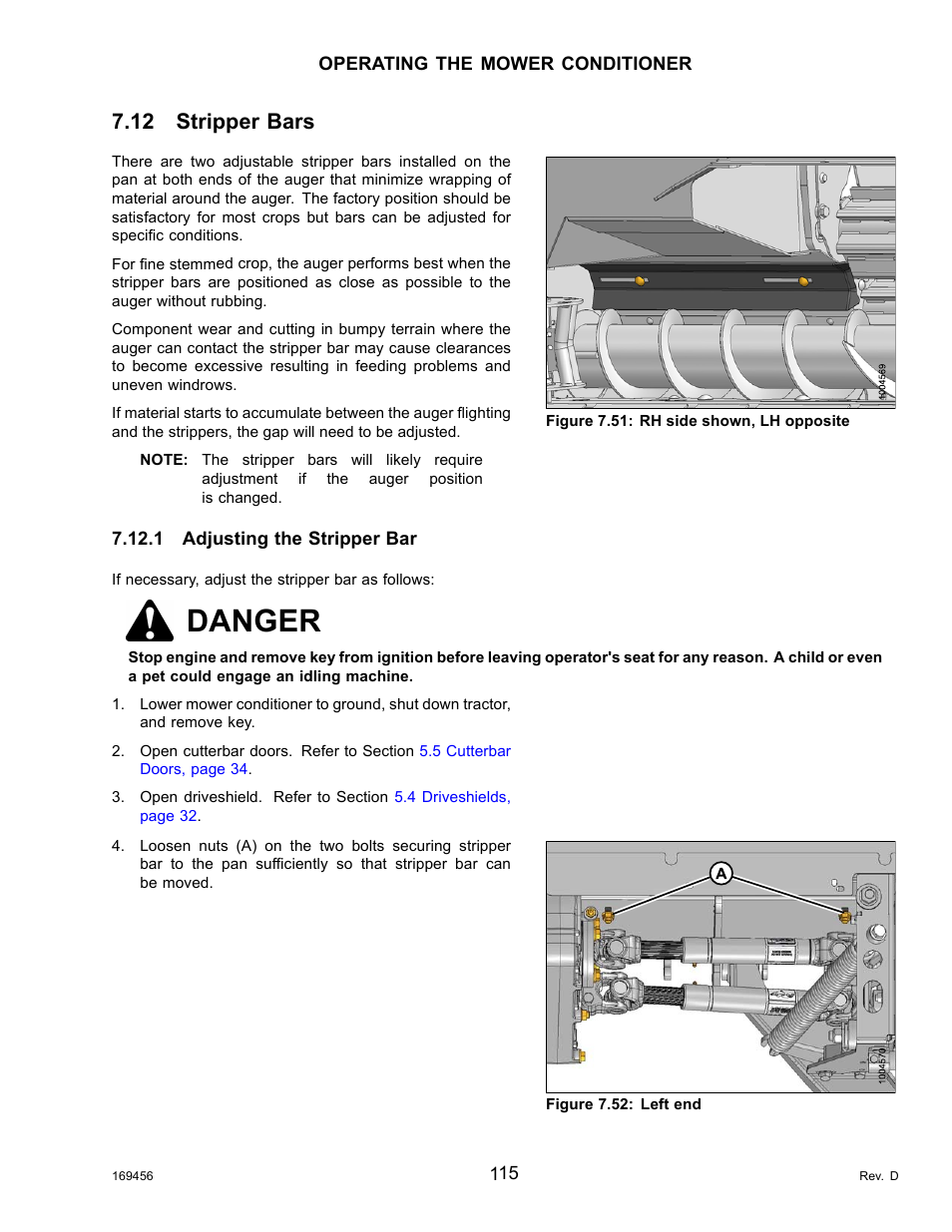 12stripper bars, 1adjusting the stripper bar, Stripper bars | Adjusting the stripper bar, Danger, 12 stripper bars | MacDon R85 Rotary Disc 16 Foot Pull-Type User Manual | Page 125 / 244