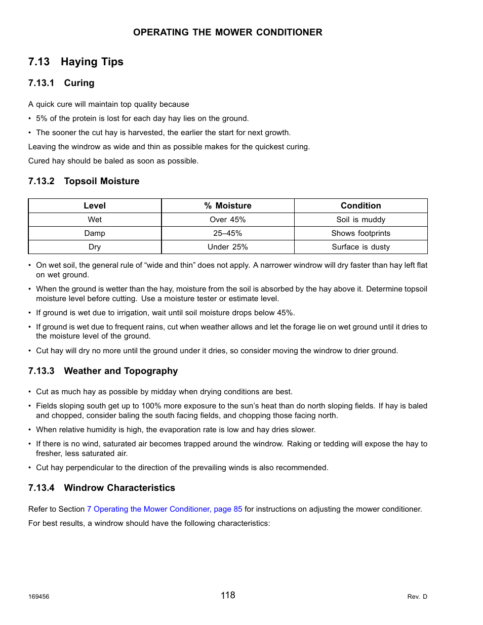 13haying tips, 1curing, 2topsoil moisture | 3weather and topography, 4windrow characteristics, Haying tips, Curing, Topsoil moisture, Weather and topography, Windrow characteristics | MacDon R85 Rotary Disc 16 Foot Pull-Type User Manual | Page 128 / 244