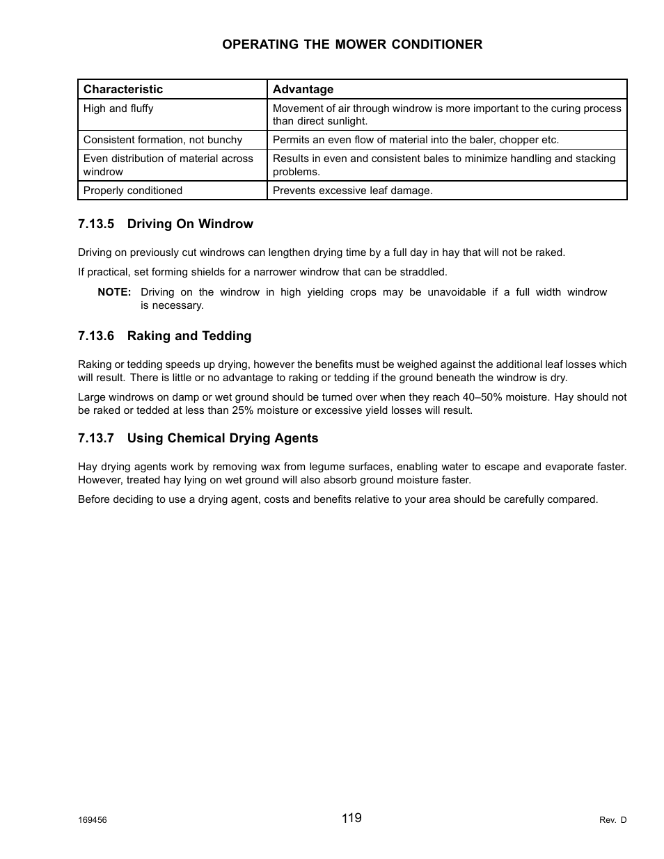 5driving on windrow, 6raking and tedding, 7using chemical drying agents | Driving on windrow, Raking and tedding, Using chemical drying agents | MacDon R85 Rotary Disc 16 Foot Pull-Type User Manual | Page 129 / 244