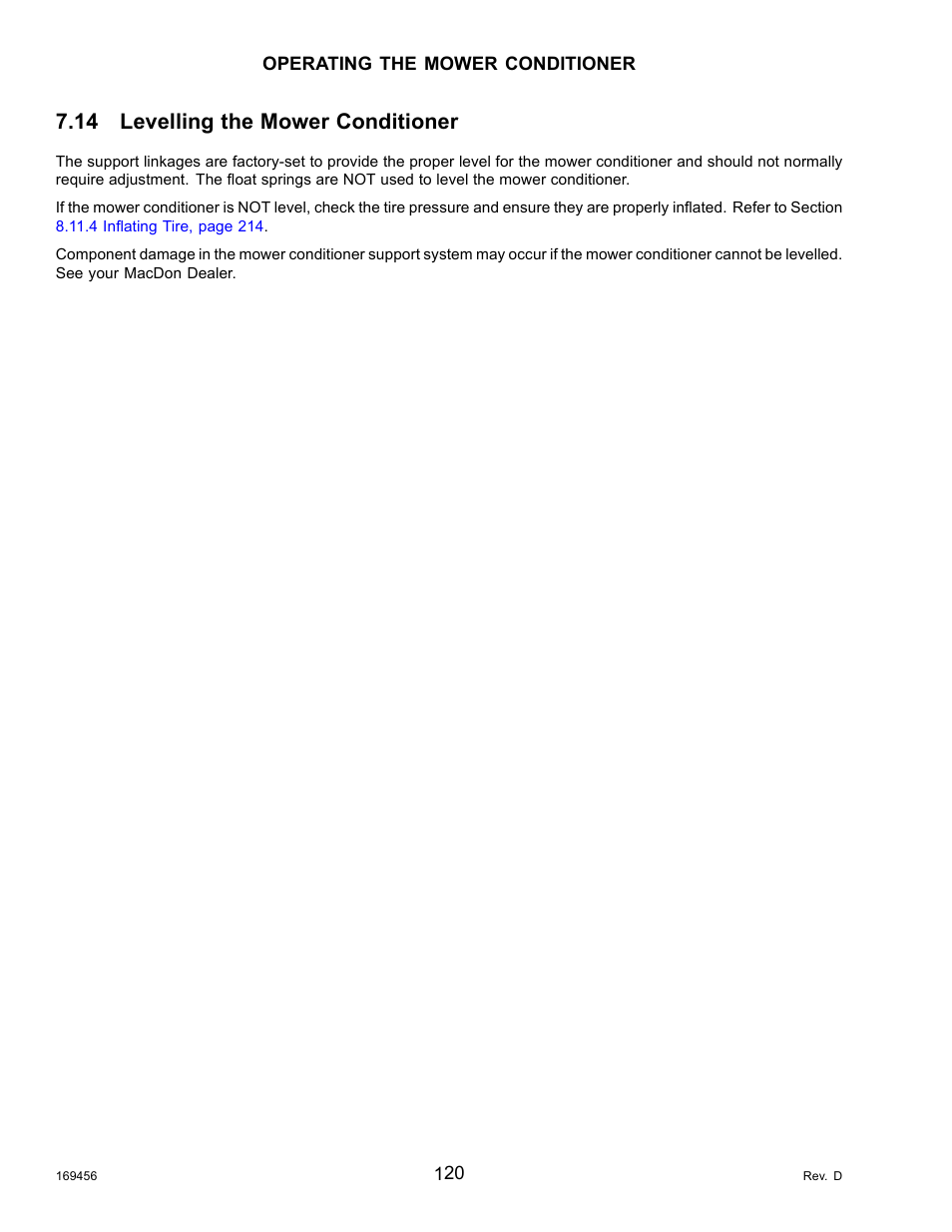 14levelling the mower conditioner, Levelling the mower conditioner, 14 levelling the mower conditioner | MacDon R85 Rotary Disc 16 Foot Pull-Type User Manual | Page 130 / 244