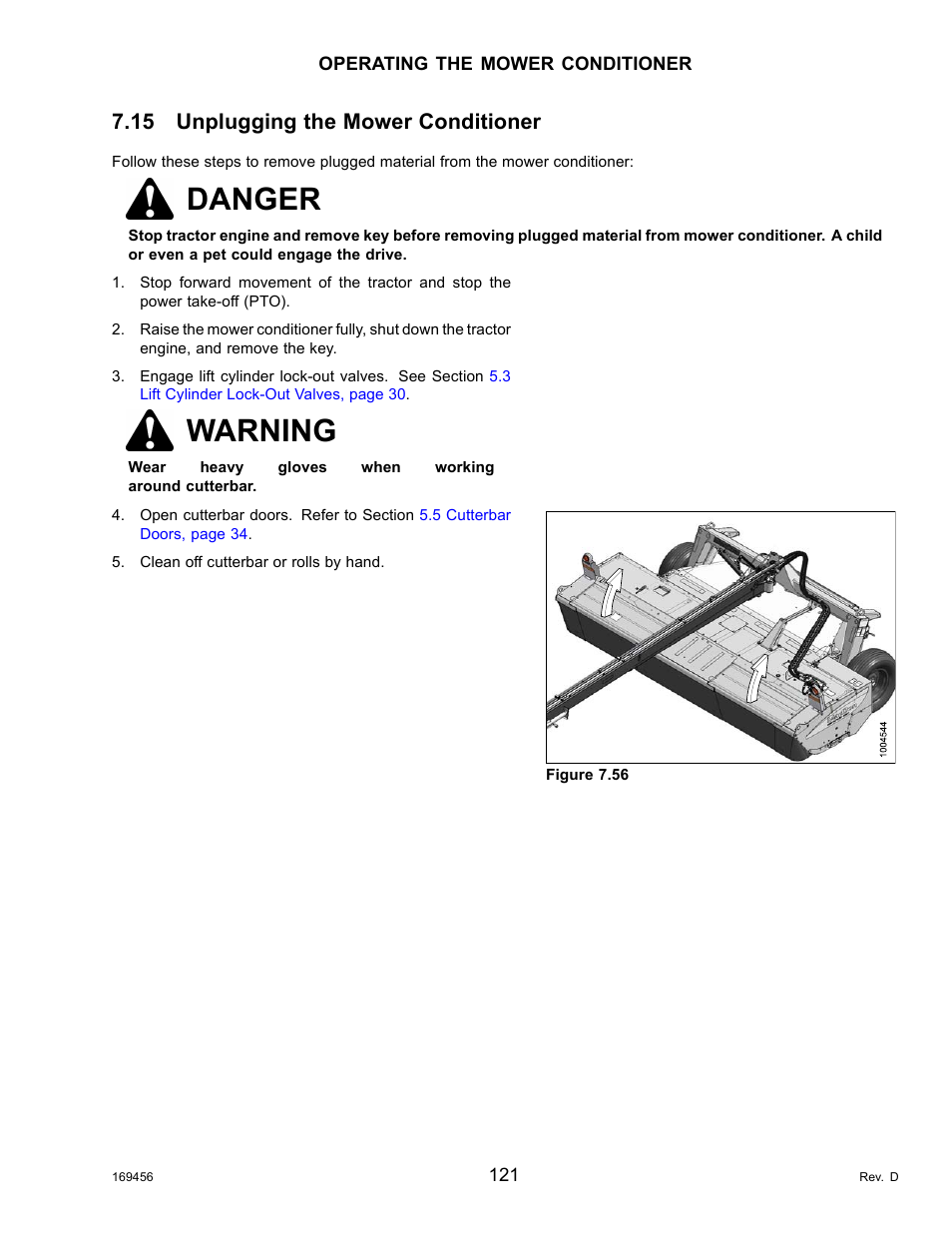 15unplugging the mower conditioner, Unplugging the mower conditioner, Danger | Warning, 15 unplugging the mower conditioner | MacDon R85 Rotary Disc 16 Foot Pull-Type User Manual | Page 131 / 244