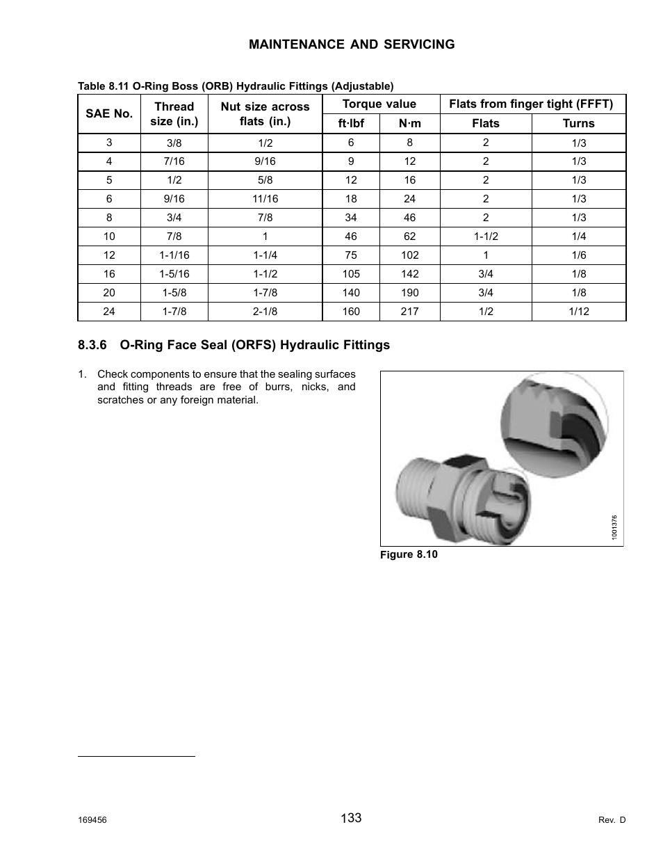 6o-ring face seal (orfs) hydraulic fittings, O-ring face seal (orfs) hydraulic fittings | MacDon R85 Rotary Disc 16 Foot Pull-Type User Manual | Page 143 / 244