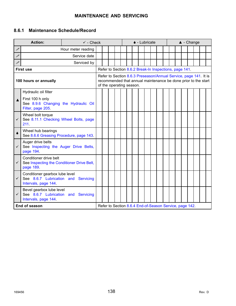 1maintenance schedule/record, Maintenance schedule/record | MacDon R85 Rotary Disc 16 Foot Pull-Type User Manual | Page 148 / 244