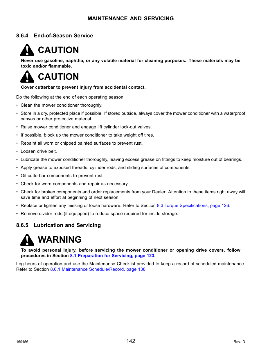 4end-of-season service, 5lubrication and servicing, End-of-season service | Lubrication and servicing, Caution, Warning | MacDon R85 Rotary Disc 16 Foot Pull-Type User Manual | Page 152 / 244