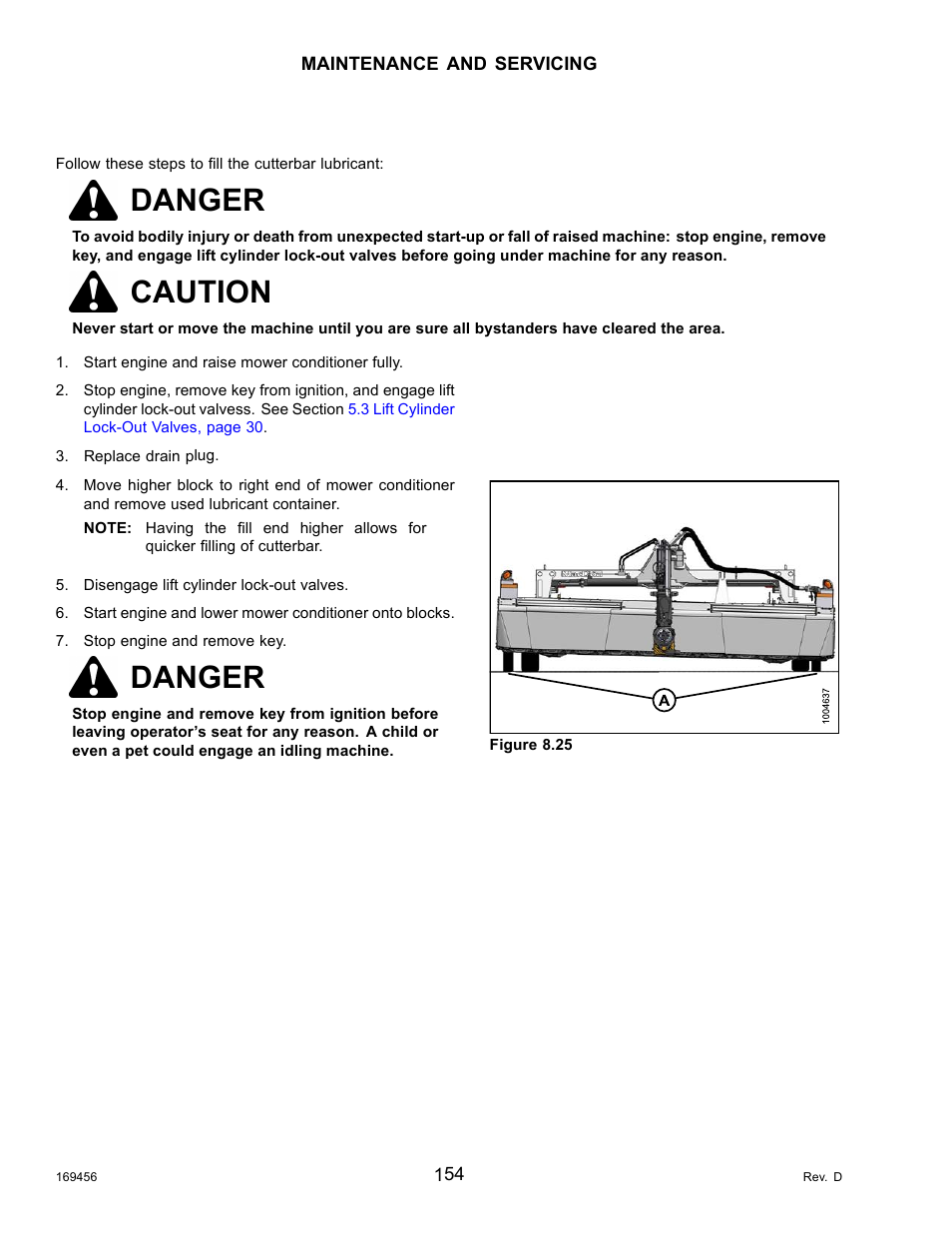 Filling the cutterbar lubricant, Filling the cutterbar, Danger | Caution | MacDon R85 Rotary Disc 16 Foot Pull-Type User Manual | Page 164 / 244