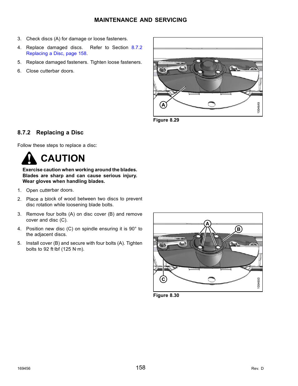 2replacing a disc, Replacing a disc, Caution | MacDon R85 Rotary Disc 16 Foot Pull-Type User Manual | Page 168 / 244