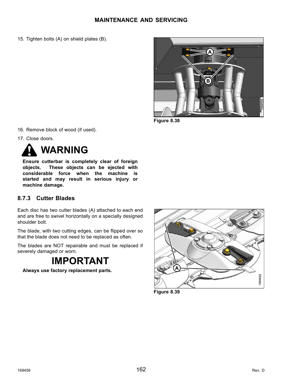 3cutter blades, Cutter blades, Warning | Important | MacDon R85 Rotary Disc 16 Foot Pull-Type User Manual | Page 172 / 244