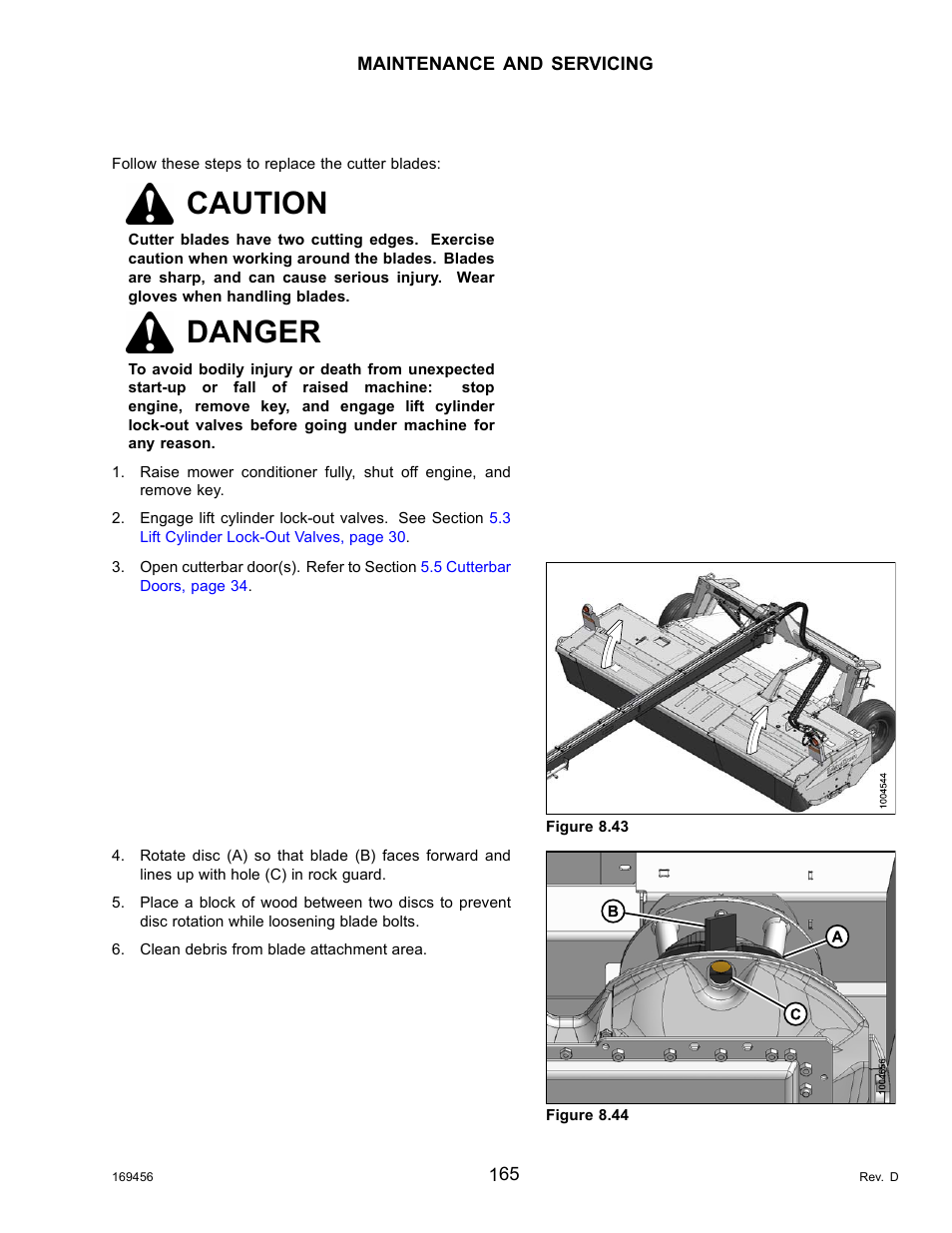 Replacing the cutter blades, Caution, Danger | MacDon R85 Rotary Disc 16 Foot Pull-Type User Manual | Page 175 / 244
