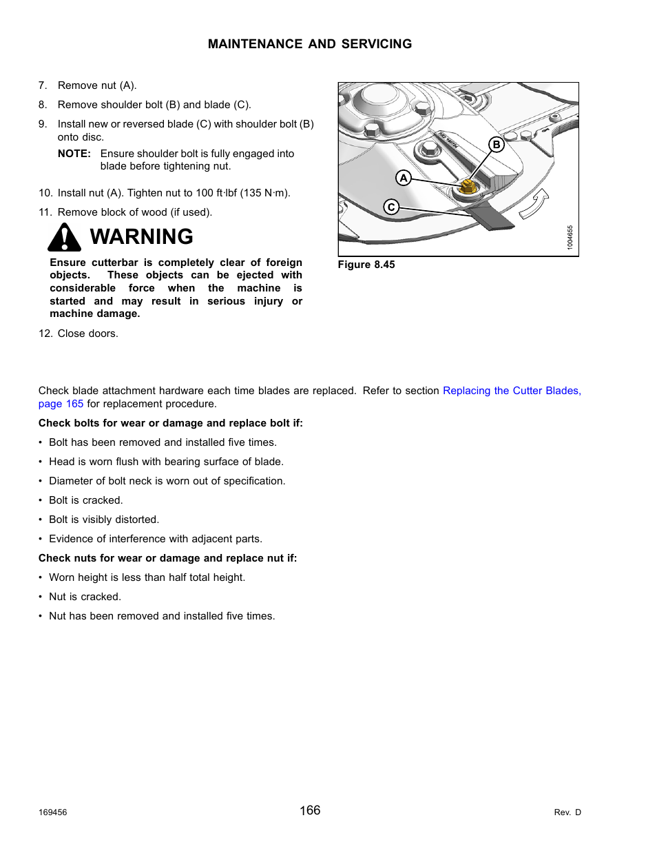 Cutterbar hardware inspection, Warning | MacDon R85 Rotary Disc 16 Foot Pull-Type User Manual | Page 176 / 244