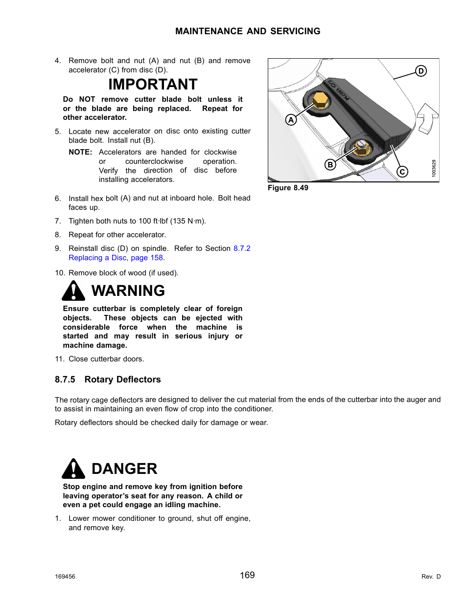 5rotary deflectors, Inspecting rotary deflectors, Rotary deflectors | Important, Warning, Danger | MacDon R85 Rotary Disc 16 Foot Pull-Type User Manual | Page 179 / 244