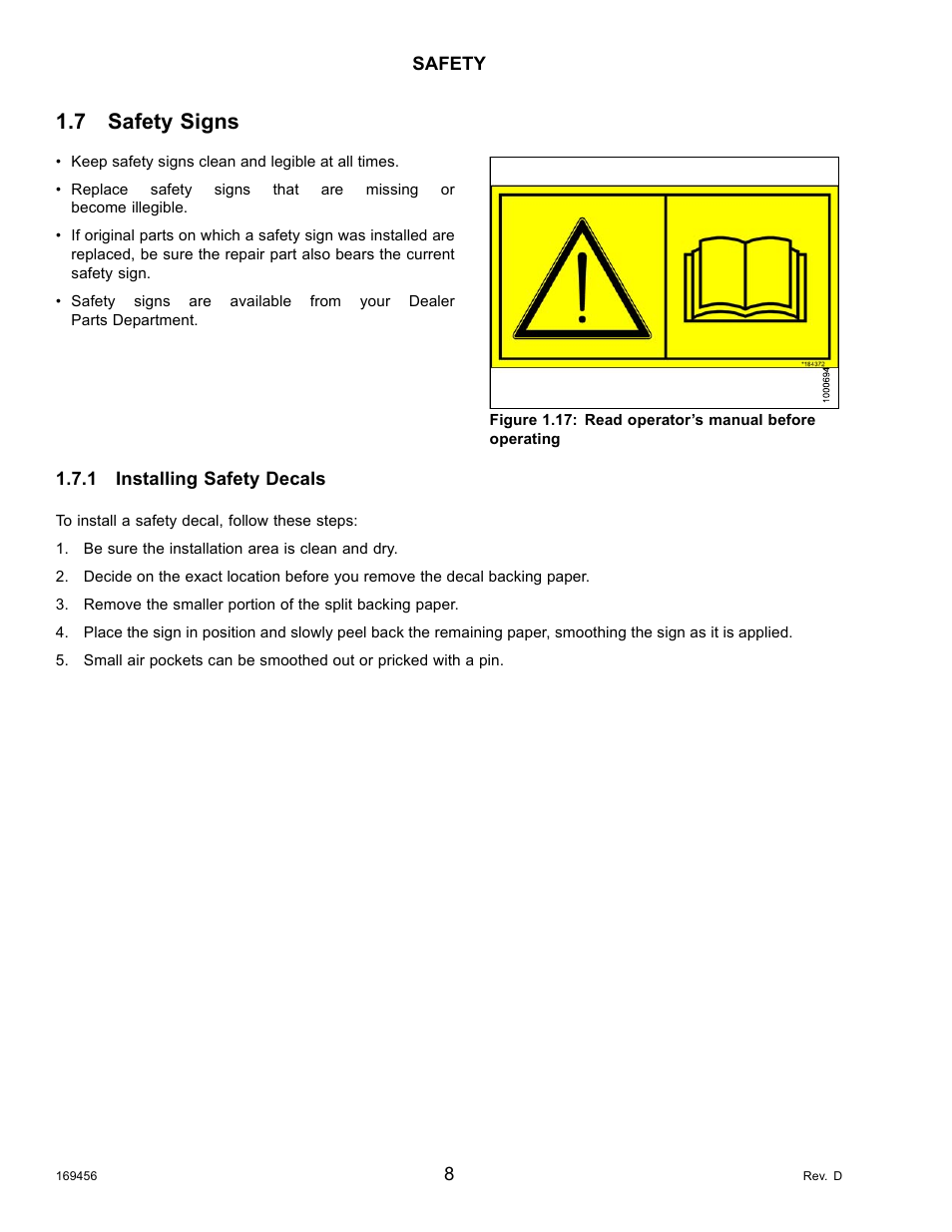 7safety signs, 1installing safety decals, Safety signs | Installing safety decals, 7 safety signs | MacDon R85 Rotary Disc 16 Foot Pull-Type User Manual | Page 18 / 244