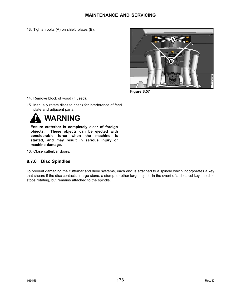 6disc spindles, Disc spindles, Warning | MacDon R85 Rotary Disc 16 Foot Pull-Type User Manual | Page 183 / 244