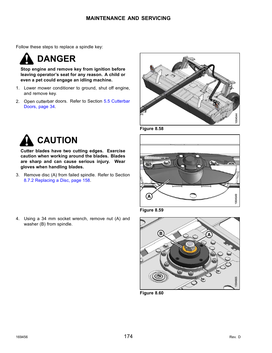 Replacing a spindle key, Danger, Caution | MacDon R85 Rotary Disc 16 Foot Pull-Type User Manual | Page 184 / 244