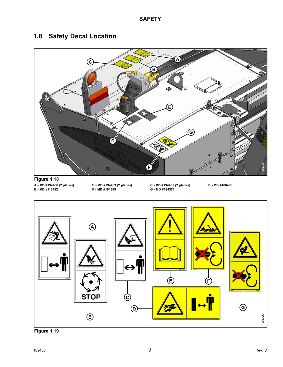 8safety decal location, Safety decal location, 8 safety decal location | Safety | MacDon R85 Rotary Disc 16 Foot Pull-Type User Manual | Page 19 / 244