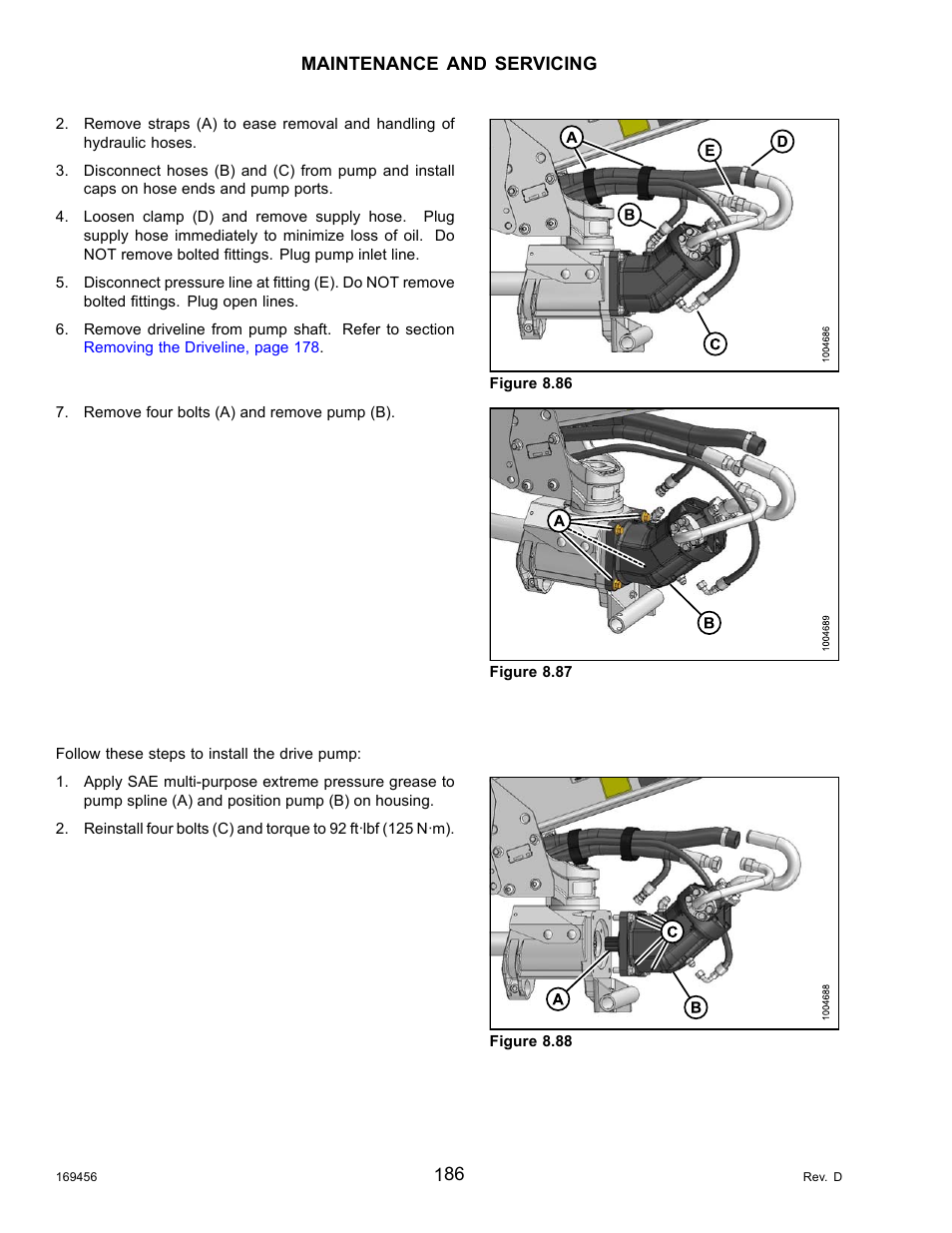 Installing the drive pump | MacDon R85 Rotary Disc 16 Foot Pull-Type User Manual | Page 196 / 244