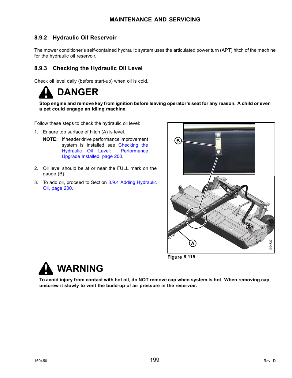 2hydraulic oil reservoir, 3checking the hydraulic oil level, Hydraulic oil reservoir | Checking the hydraulic oil level, 3 checking the hydraulic oil, Danger, Warning | MacDon R85 Rotary Disc 16 Foot Pull-Type User Manual | Page 209 / 244