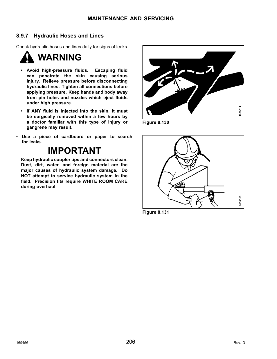 7hydraulic hoses and lines, Hydraulic hoses and lines, 7 hydraulic | 7 hydraulic hoses and lines, Warning, Important | MacDon R85 Rotary Disc 16 Foot Pull-Type User Manual | Page 216 / 244