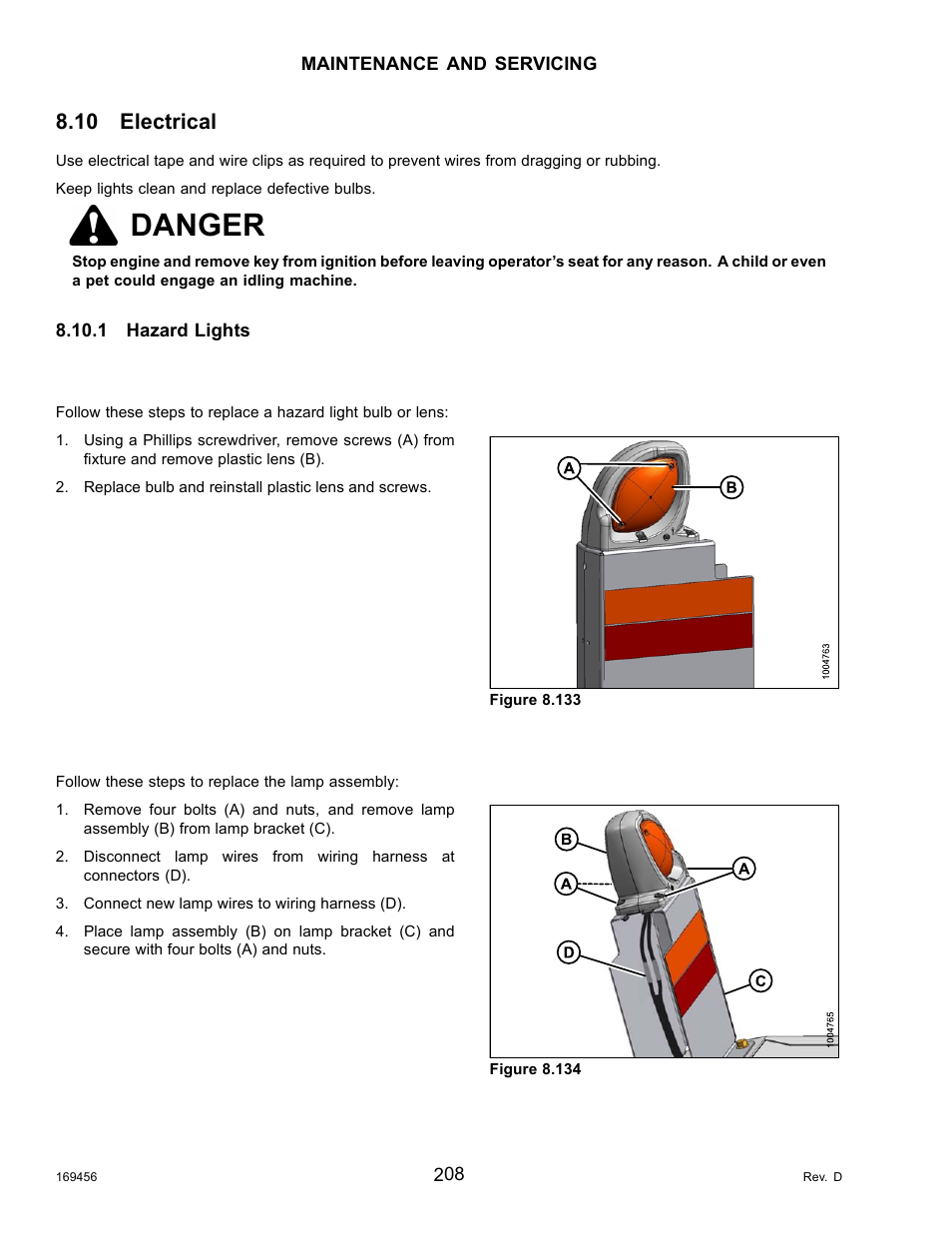10electrical, 1hazard lights, Hazard lights: replacing bulbs and lenses | Hazard lights: replacing the lamp assembly, Electrical, Hazard lights, Danger, 10 electrical | MacDon R85 Rotary Disc 16 Foot Pull-Type User Manual | Page 218 / 244