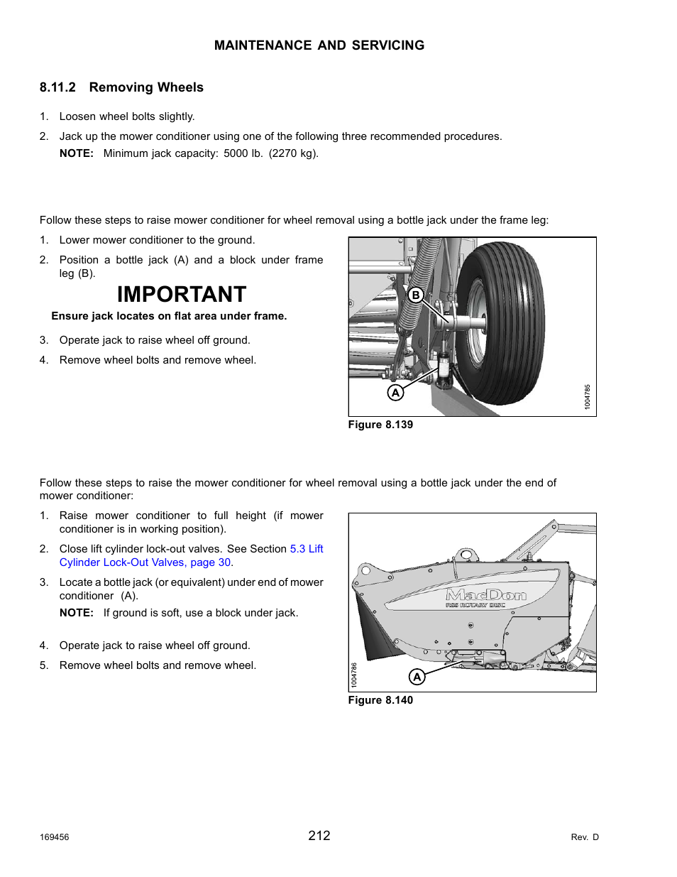 2removing wheels, Removing wheels: field application (bottle jack), Removing wheels | Important | MacDon R85 Rotary Disc 16 Foot Pull-Type User Manual | Page 222 / 244