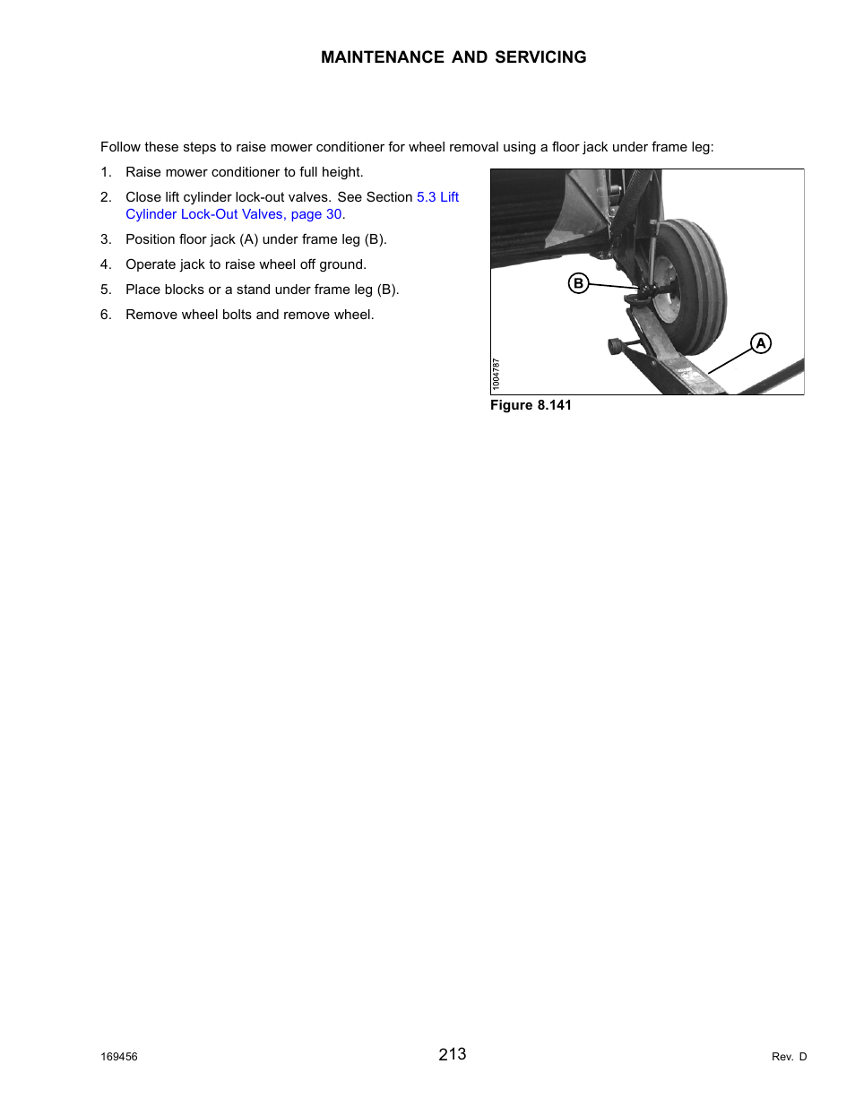 Removing wheels: shop application (floor jack) | MacDon R85 Rotary Disc 16 Foot Pull-Type User Manual | Page 223 / 244