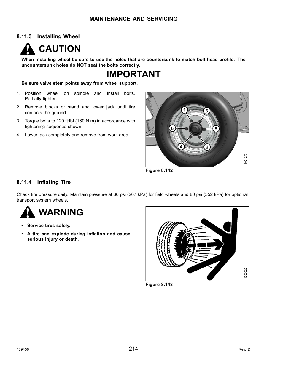 3installing wheel, 4inflating tire, Installing wheel | Inflating tire, Caution, Important, Warning | MacDon R85 Rotary Disc 16 Foot Pull-Type User Manual | Page 224 / 244