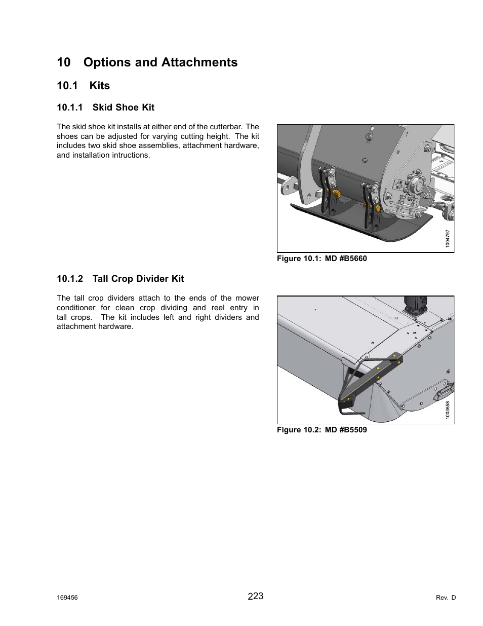 10options and attachments, 1kits, 1skid shoe kit | 2tall crop divider kit, Options and attachments, Kits, Skid shoe kit, Tall crop divider kit, 10 options, 10 options and attachments | MacDon R85 Rotary Disc 16 Foot Pull-Type User Manual | Page 233 / 244
