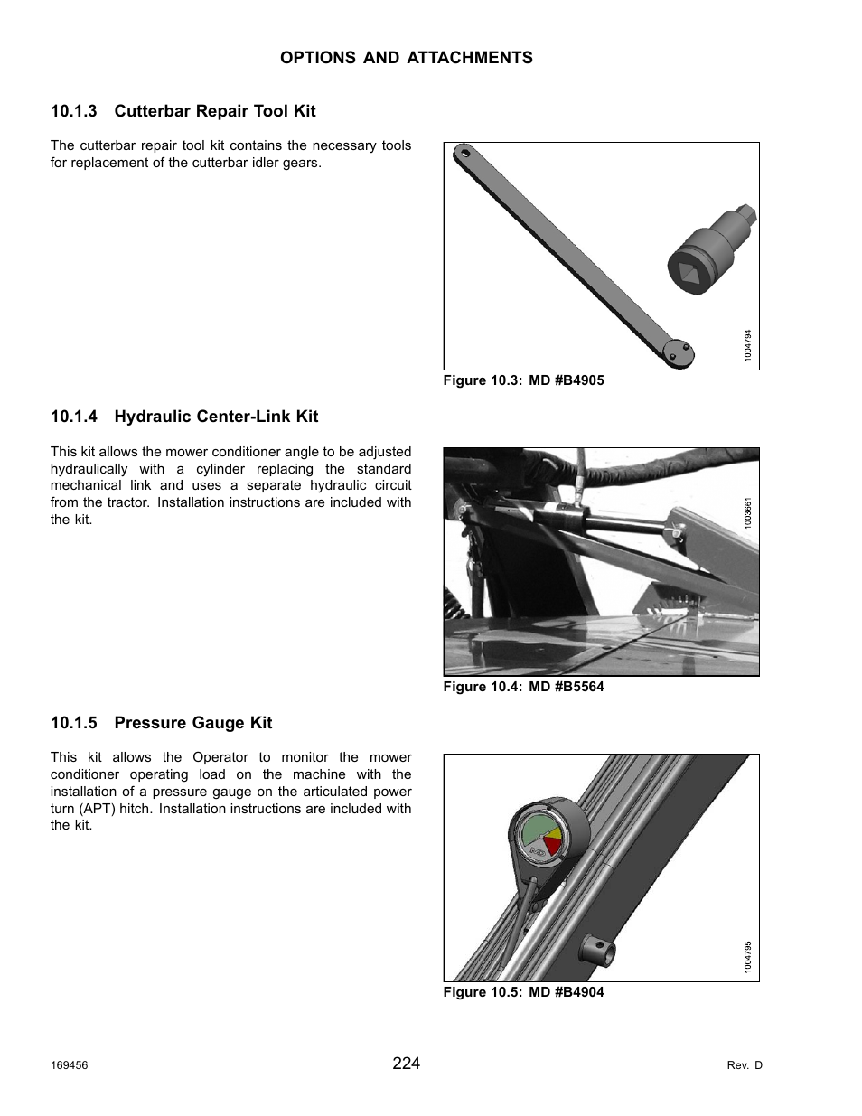 3cutterbar repair tool kit, 4hydraulic center-link kit, 5pressure gauge kit | Cutterbar repair tool kit, Hydraulic center-link kit, Pressure gauge kit | MacDon R85 Rotary Disc 16 Foot Pull-Type User Manual | Page 234 / 244