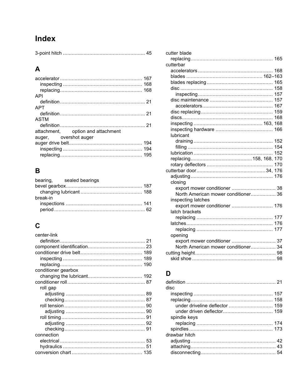 Index | MacDon R85 Rotary Disc 16 Foot Pull-Type User Manual | Page 237 / 244