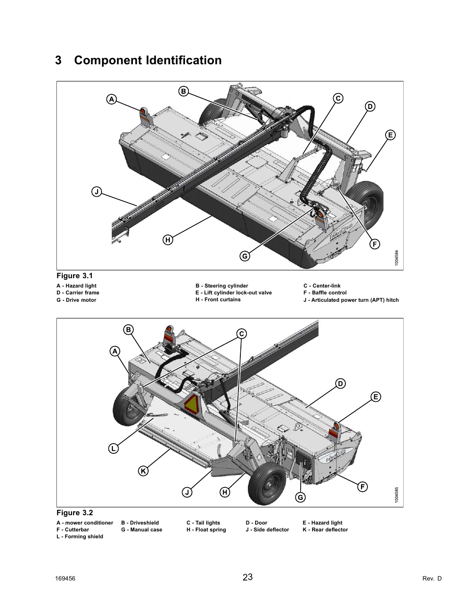 3component identification, Component identification, 3 component identification | Figure 3.1, Figure 3.2 | MacDon R85 Rotary Disc 16 Foot Pull-Type User Manual | Page 33 / 244