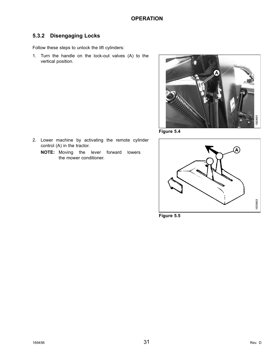 2disengaging locks, Disengaging locks | MacDon R85 Rotary Disc 16 Foot Pull-Type User Manual | Page 41 / 244