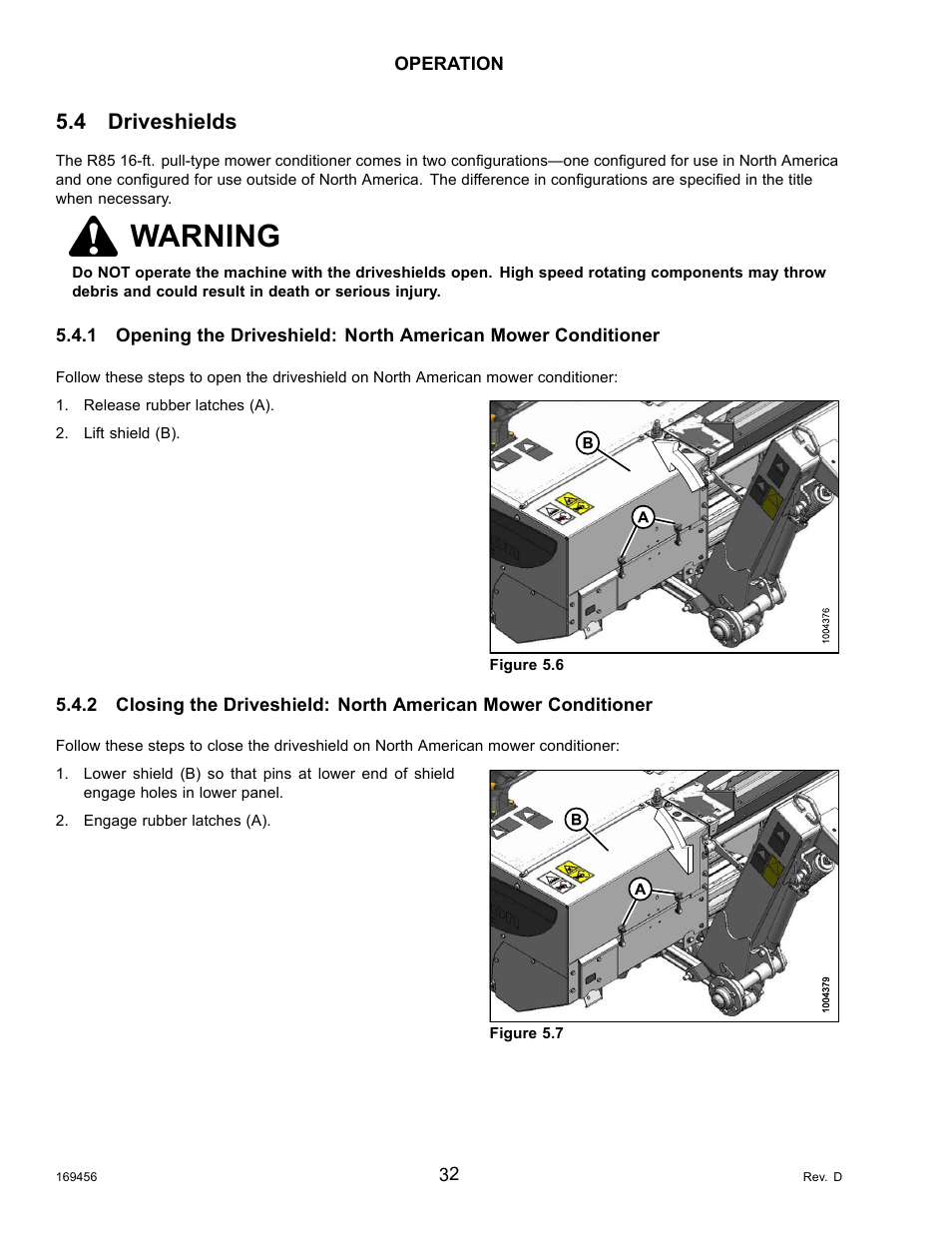 4driveshields, Driveshields, Warning | 4 driveshields | MacDon R85 Rotary Disc 16 Foot Pull-Type User Manual | Page 42 / 244