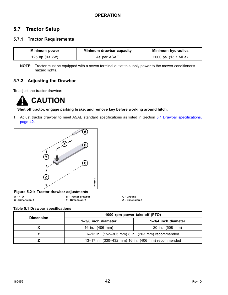 7tractor setup, 1tractor requirements, 2adjusting the drawbar | Table 5.1 drawbar specifications, Tractor setup, Tractor requirements, Adjusting the drawbar, Caution, 7 tractor setup | MacDon R85 Rotary Disc 16 Foot Pull-Type User Manual | Page 52 / 244