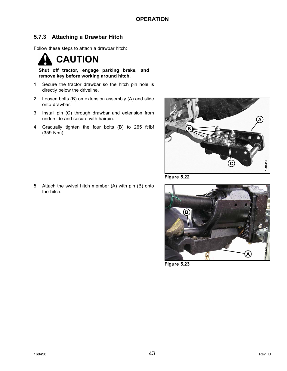 3attaching a drawbar hitch, Attaching a drawbar hitch, Caution | MacDon R85 Rotary Disc 16 Foot Pull-Type User Manual | Page 53 / 244