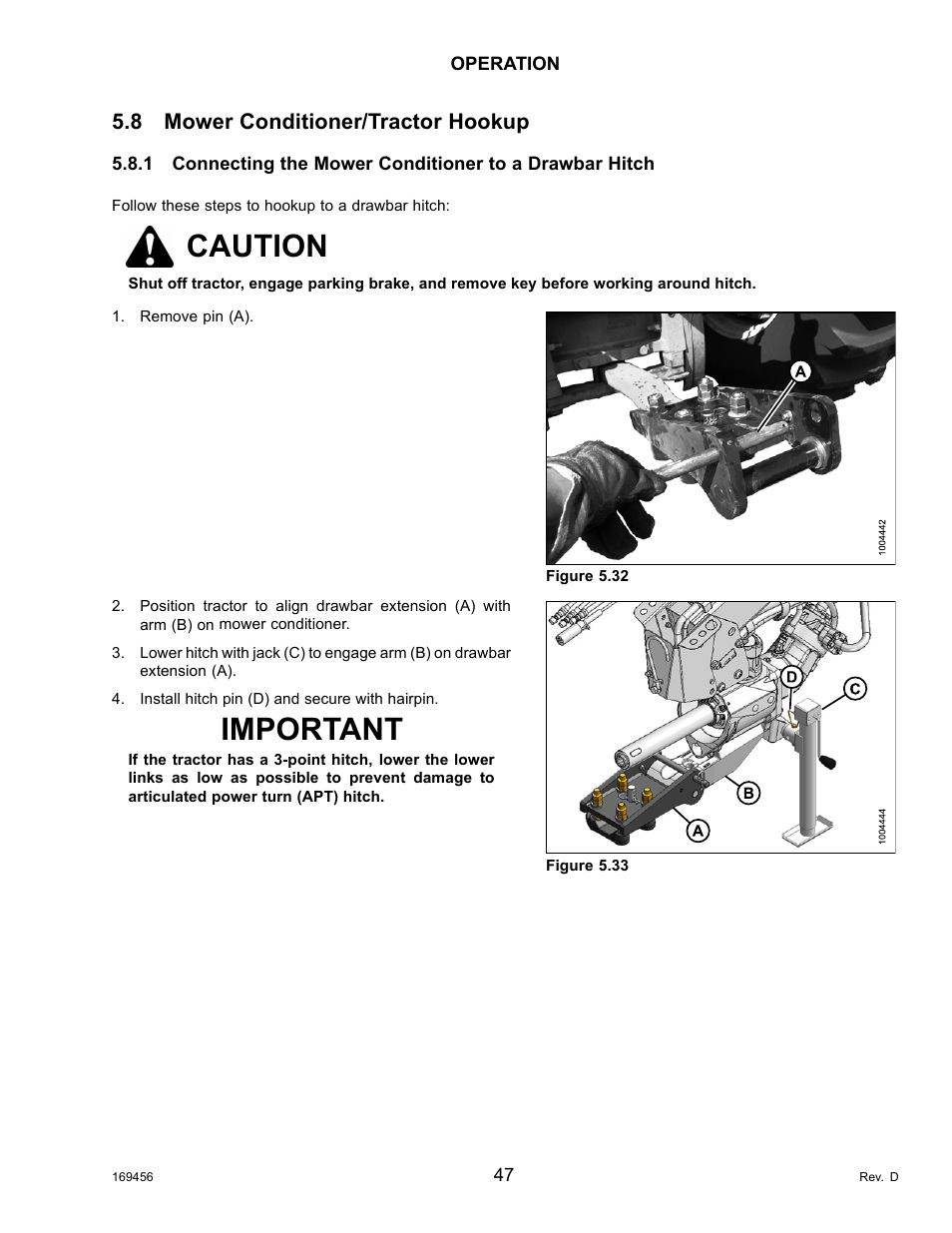 8mower conditioner/tractor hookup, Mower conditioner/tractor hookup, Caution | Important, 8 mower conditioner/tractor hookup | MacDon R85 Rotary Disc 16 Foot Pull-Type User Manual | Page 57 / 244