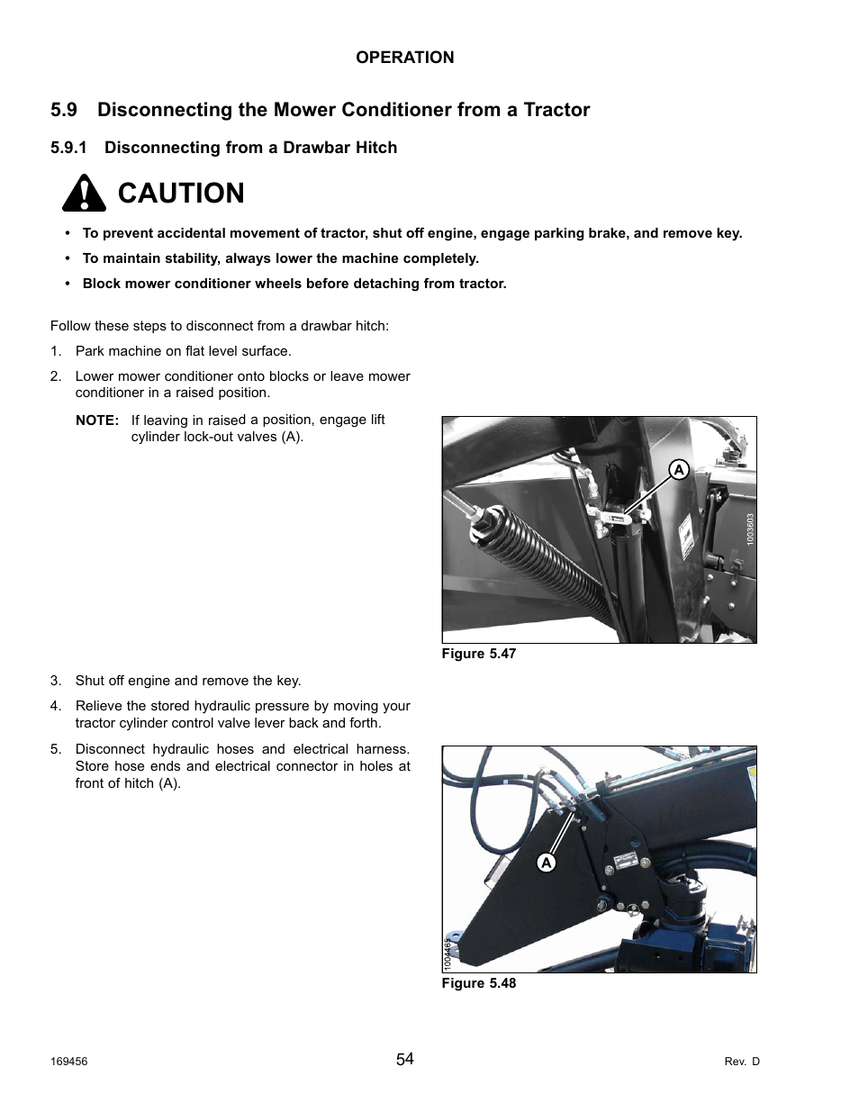 1disconnecting from a drawbar hitch, Disconnecting the mower conditioner from a tractor, Disconnecting from a drawbar hitch | Caution | MacDon R85 Rotary Disc 16 Foot Pull-Type User Manual | Page 64 / 244