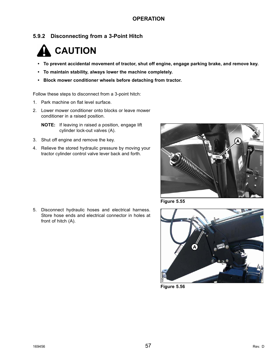2disconnecting from a 3-point hitch, Disconnecting from a 3-point hitch, Caution | MacDon R85 Rotary Disc 16 Foot Pull-Type User Manual | Page 67 / 244