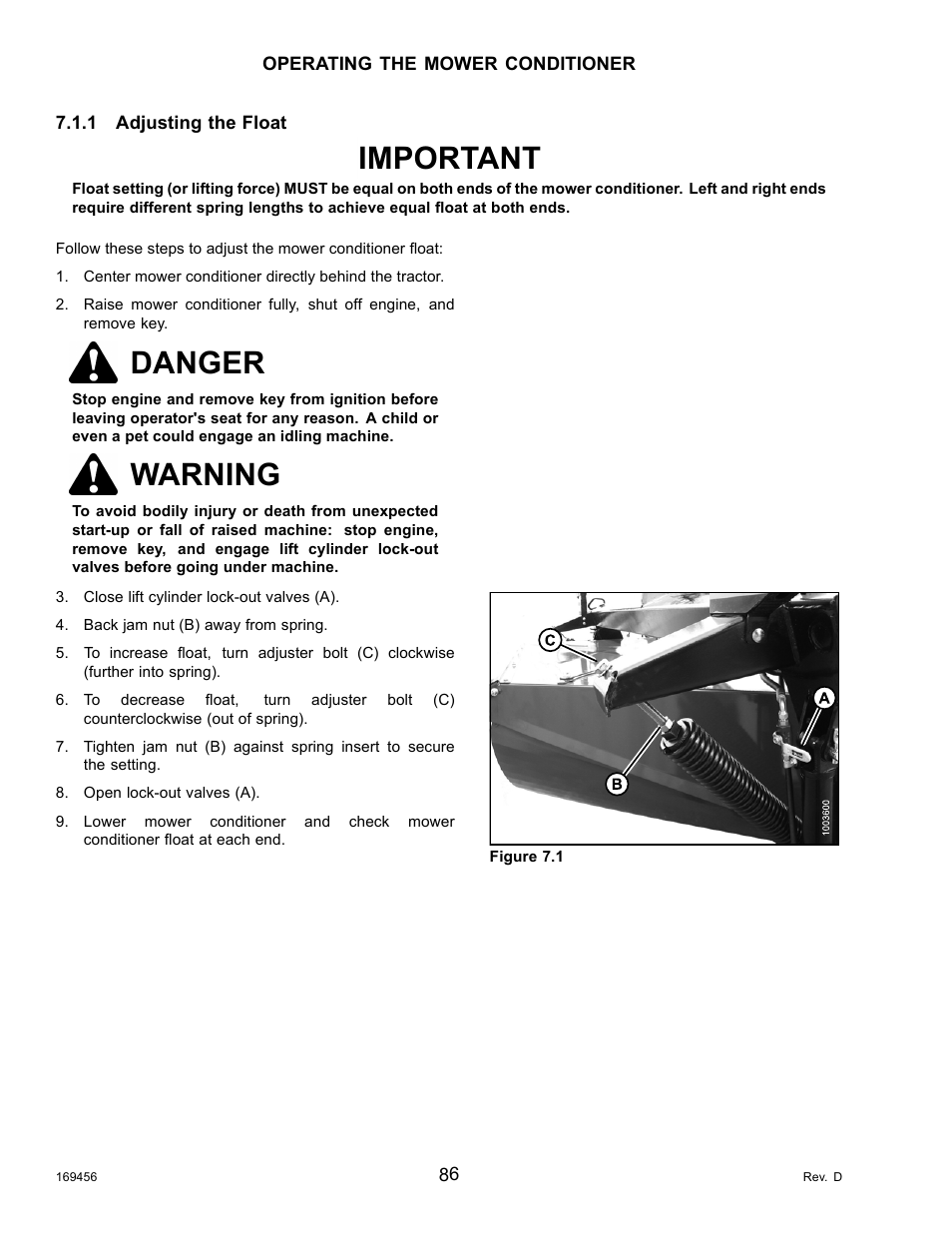 1adjusting the float, Adjusting the float, Important | Danger, Warning | MacDon R85 Rotary Disc 16 Foot Pull-Type User Manual | Page 96 / 244