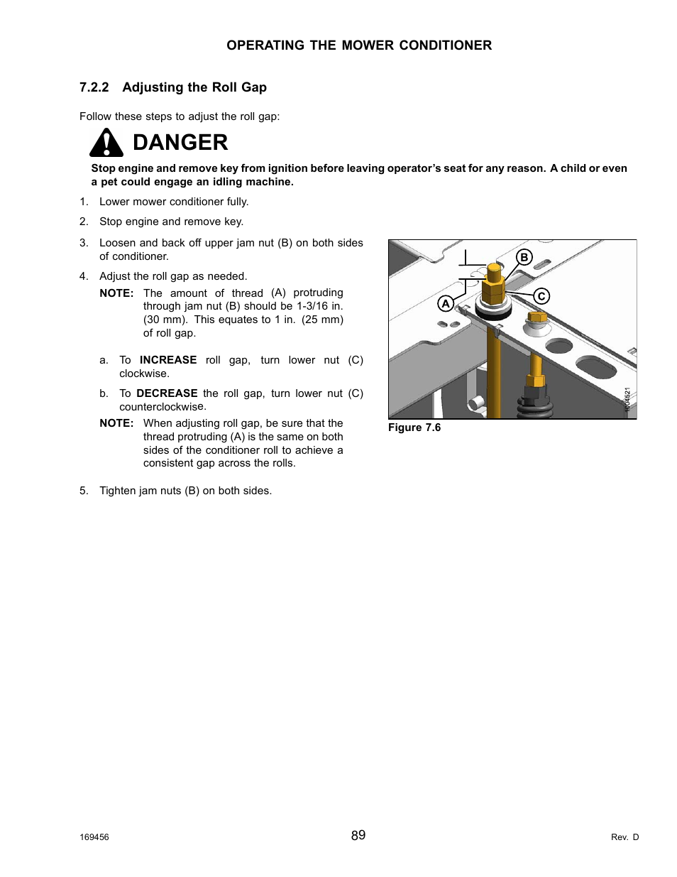 2adjusting the roll gap, Adjusting the roll gap, Danger | MacDon R85 Rotary Disc 16 Foot Pull-Type User Manual | Page 99 / 244