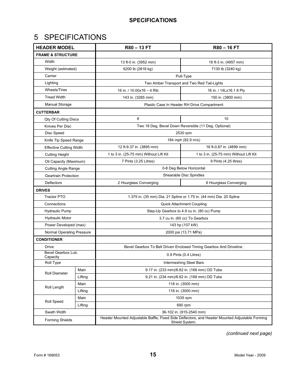 5 specifications, Specifications | MacDon R80 Rotary Disc Pull-Type Windrower User Manual | Page 17 / 124
