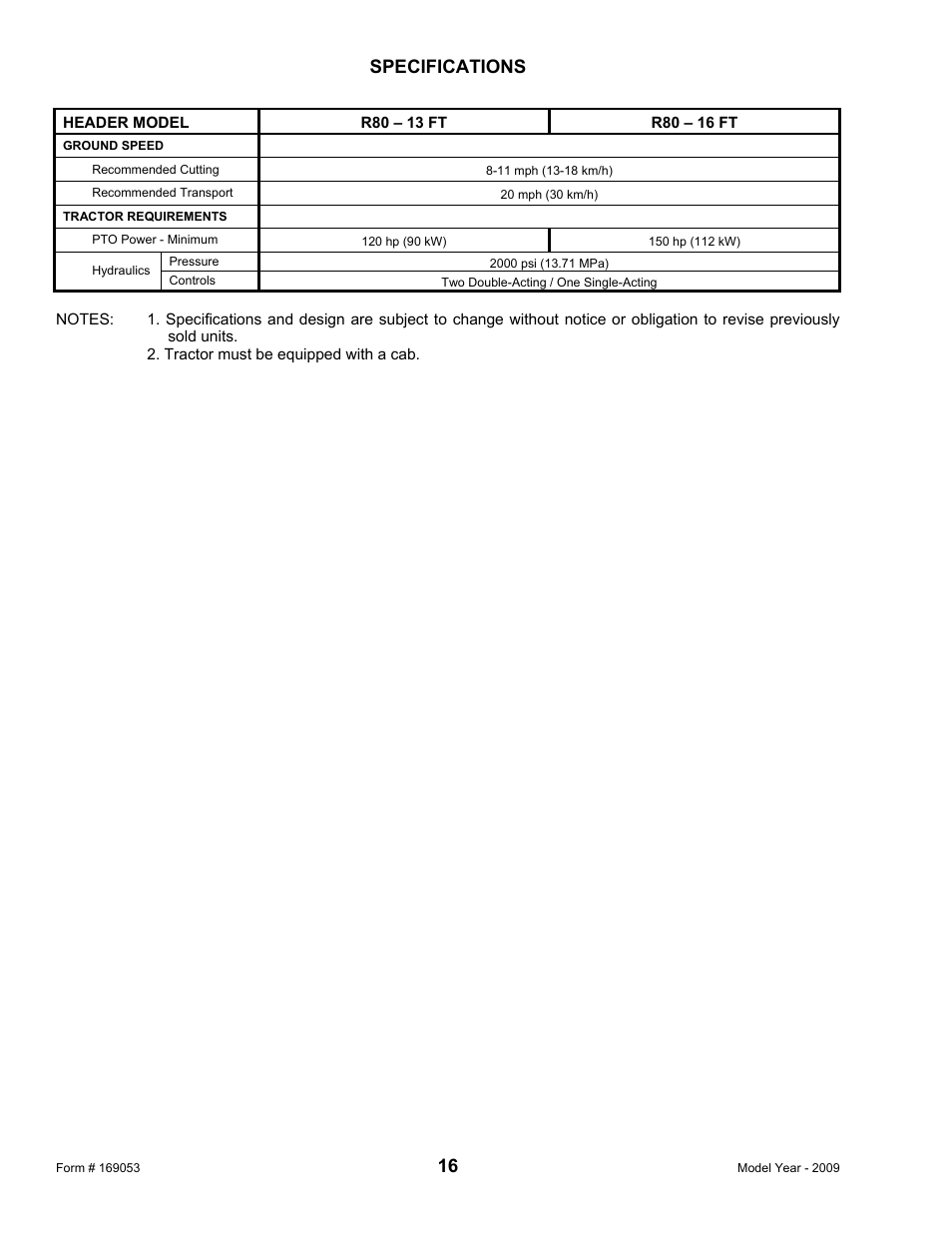 Specifications | MacDon R80 Rotary Disc Pull-Type Windrower User Manual | Page 18 / 124