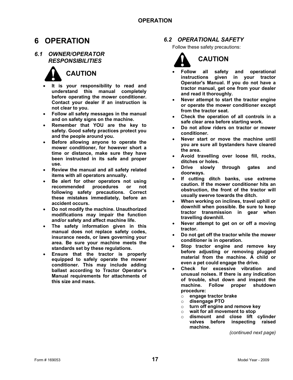 6 operation, Caution | MacDon R80 Rotary Disc Pull-Type Windrower User Manual | Page 19 / 124