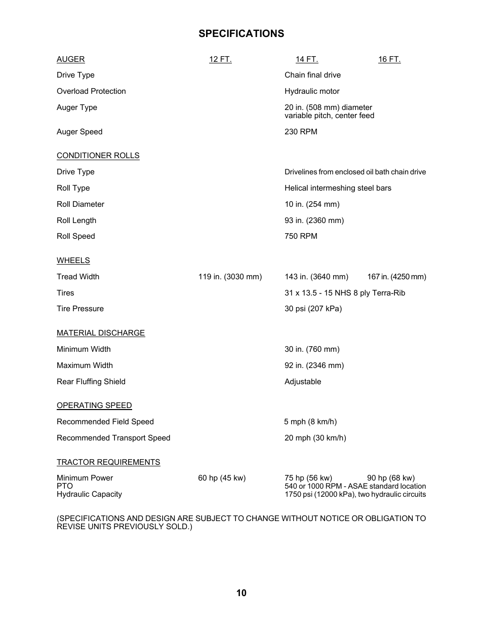 Specifications | MacDon 5010 Mower Conditioner User Manual | Page 12 / 82