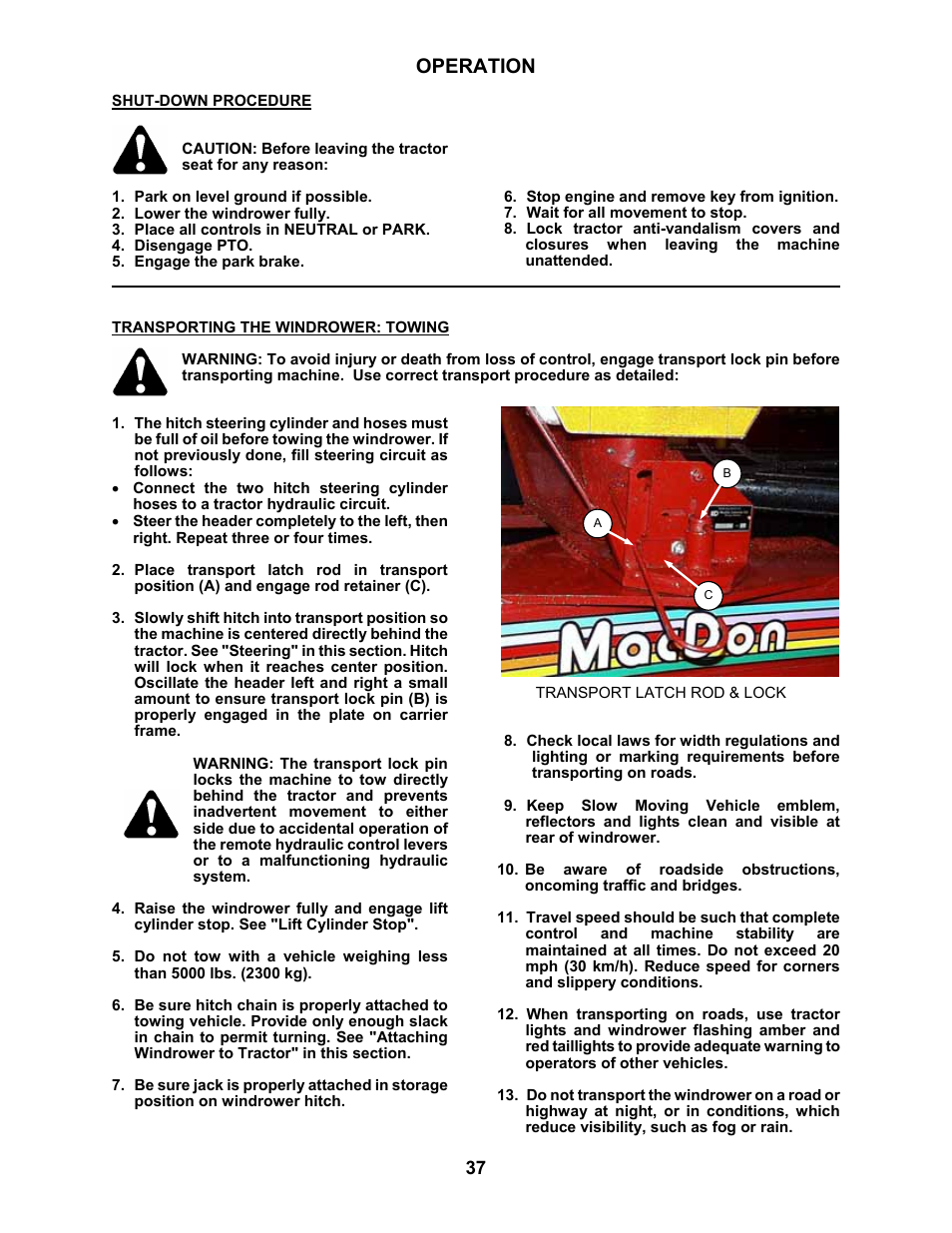 Operation | MacDon 5010 Mower Conditioner User Manual | Page 39 / 82