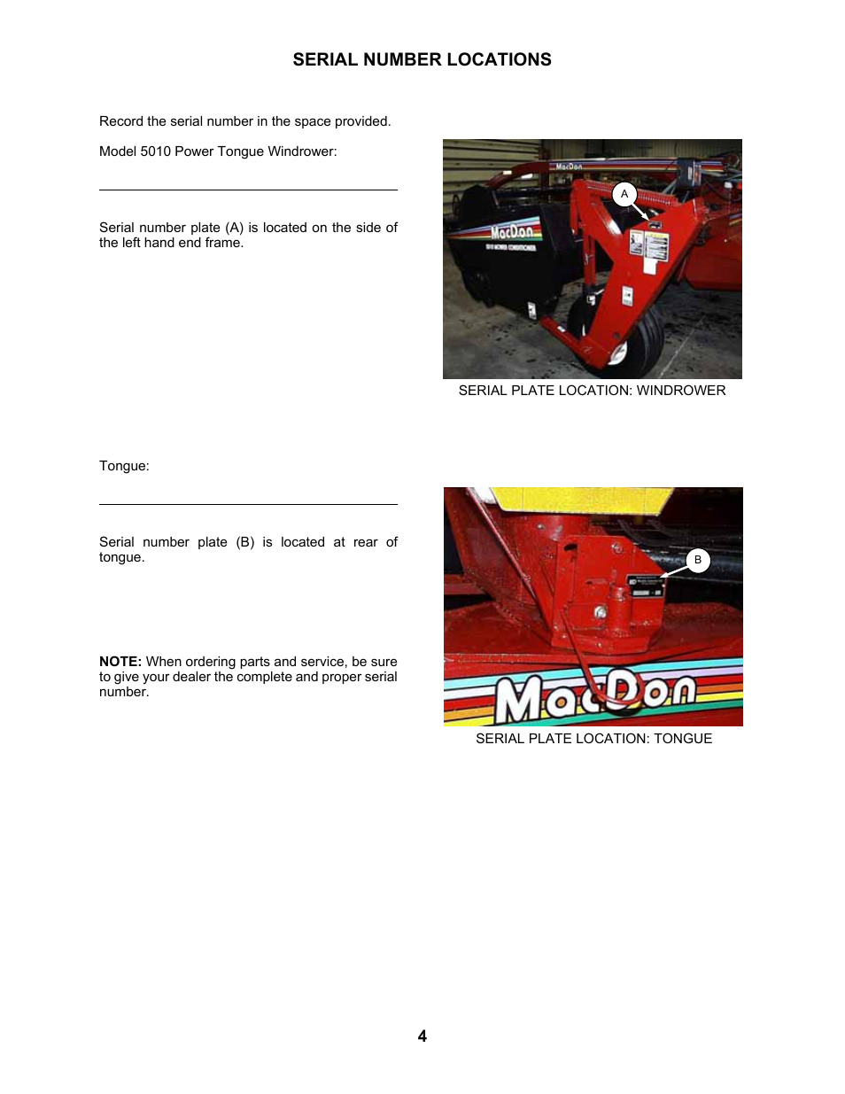Serial number locations | MacDon 5010 Mower Conditioner User Manual | Page 6 / 82