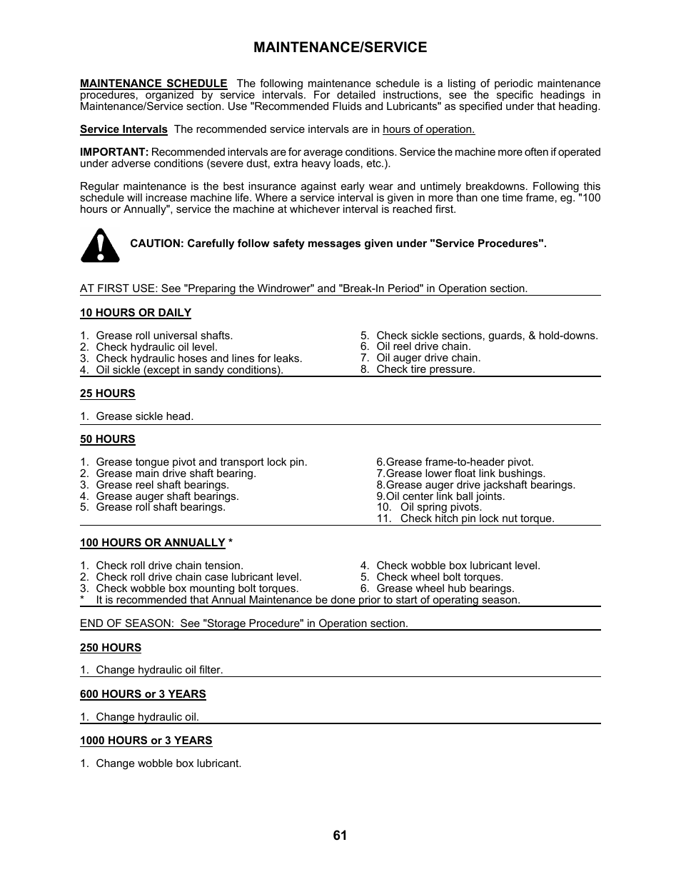 Maintenance/service | MacDon 5010 Mower Conditioner User Manual | Page 63 / 82
