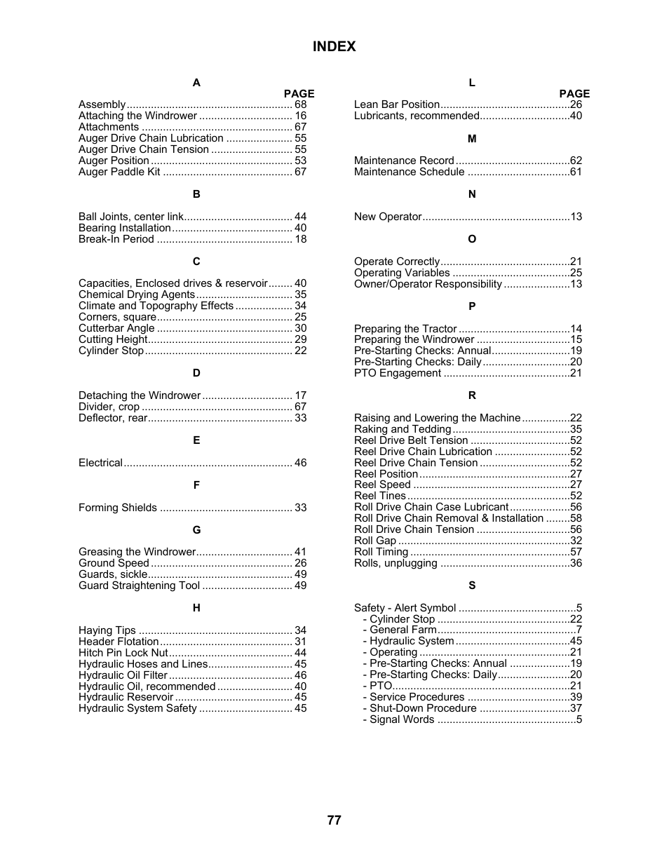 Index | MacDon 5010 Mower Conditioner User Manual | Page 79 / 82