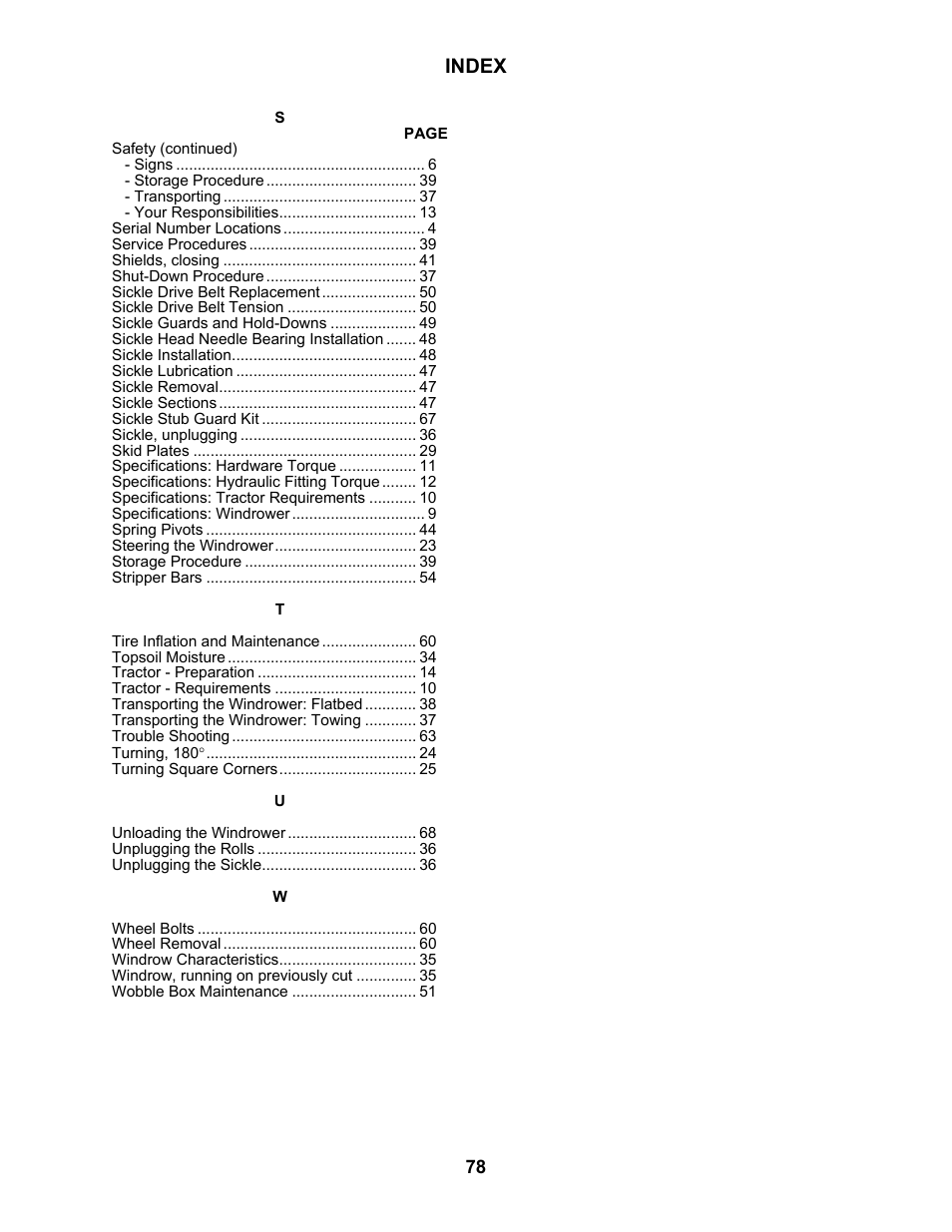 Index | MacDon 5010 Mower Conditioner User Manual | Page 80 / 82
