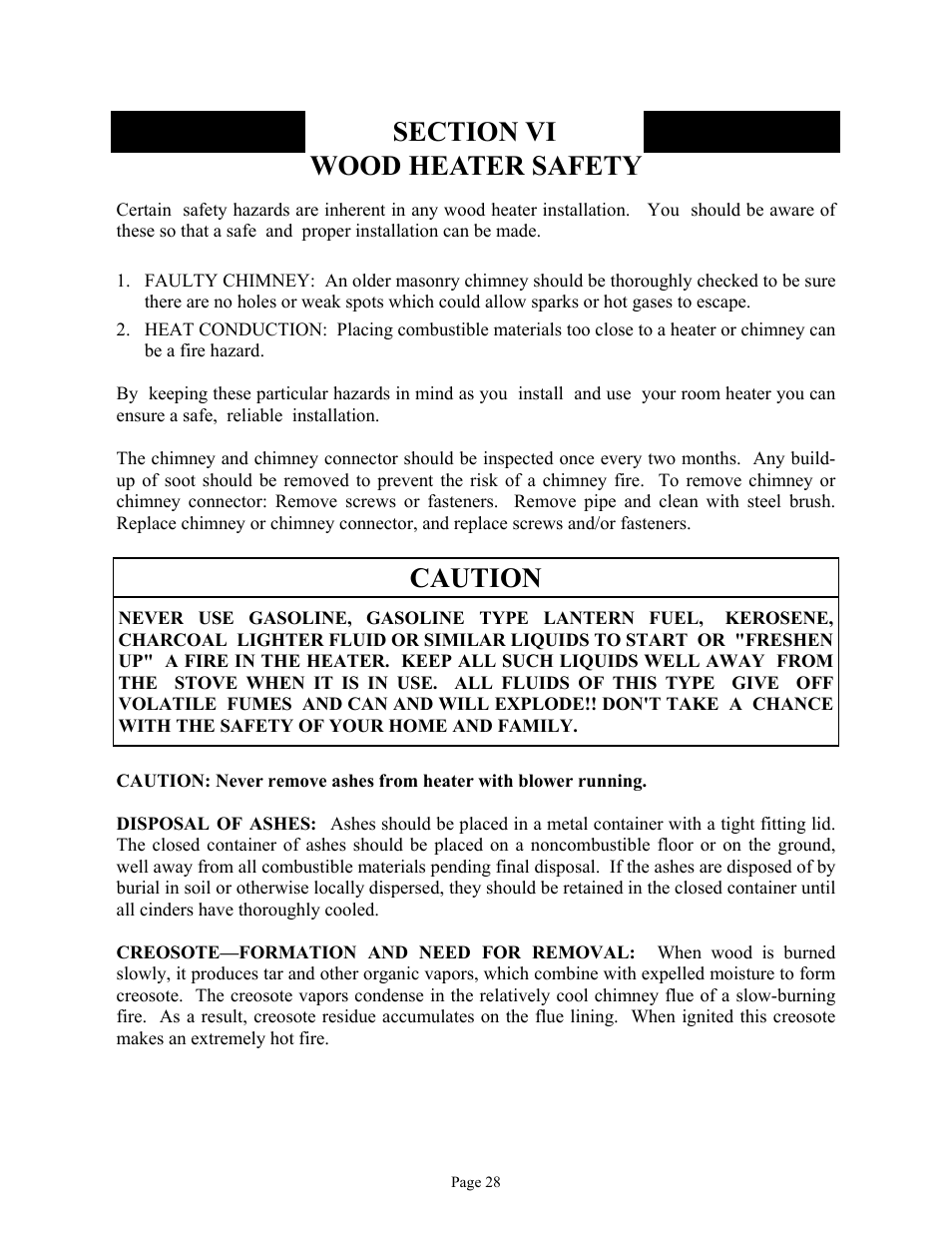 Wood heater safety, Caution | New Buck Corporation FS 21 User Manual | Page 30 / 33