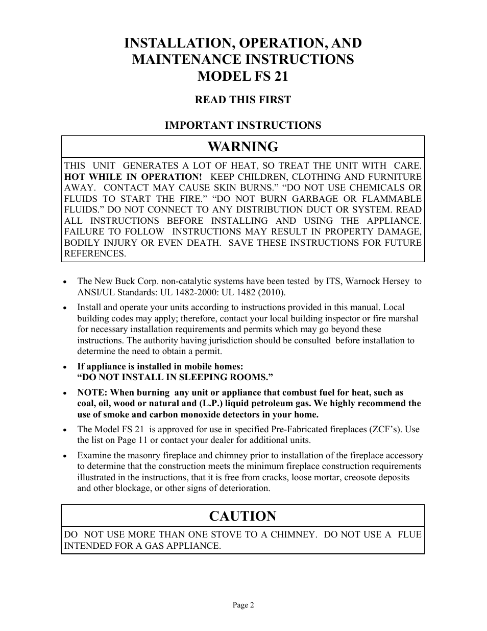 Warning, Caution | New Buck Corporation FS 21 User Manual | Page 4 / 33