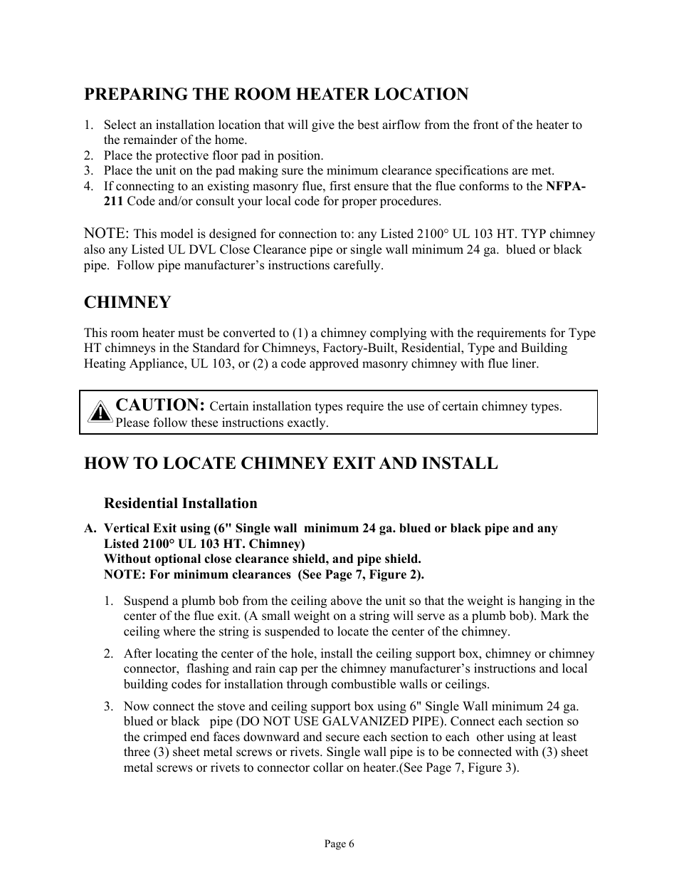 Preparing the room heater location, Chimney, How to locate chimney exit and install | Caution | New Buck Corporation FS 21 User Manual | Page 8 / 33